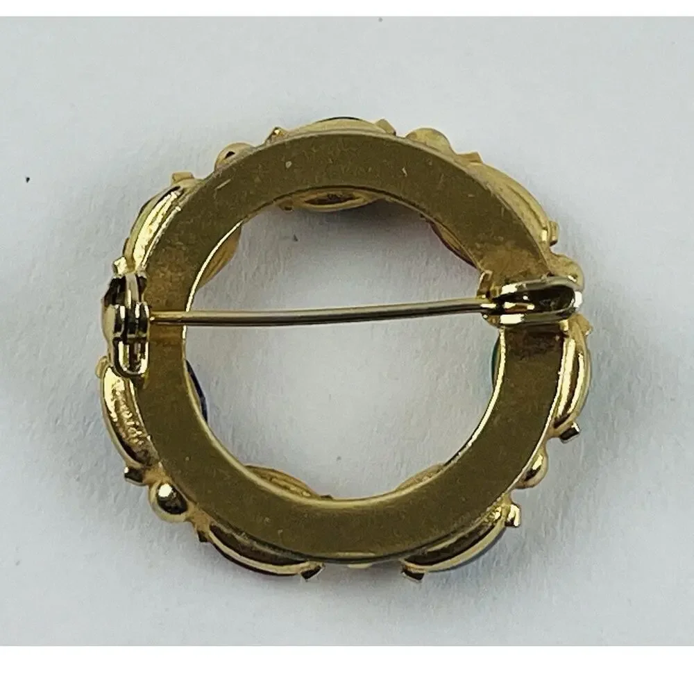 Vintage Gold Tone Multicolor Scarab Stone Pin Brooch Round Blue Pink Green Red P